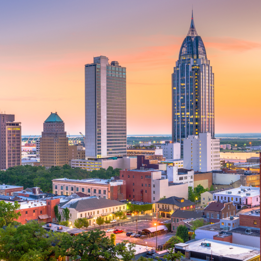 Downtown cityscape at sunset with tall skyscrapers—an inspiring view for those seeking travel nurse jobs in vibrant urban settings.