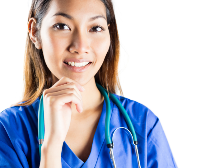smiling travel nurse thinking