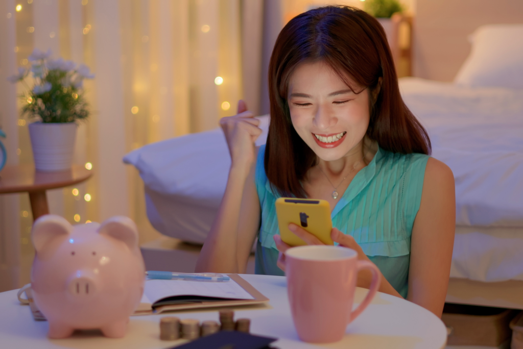 smiling woman doing budget