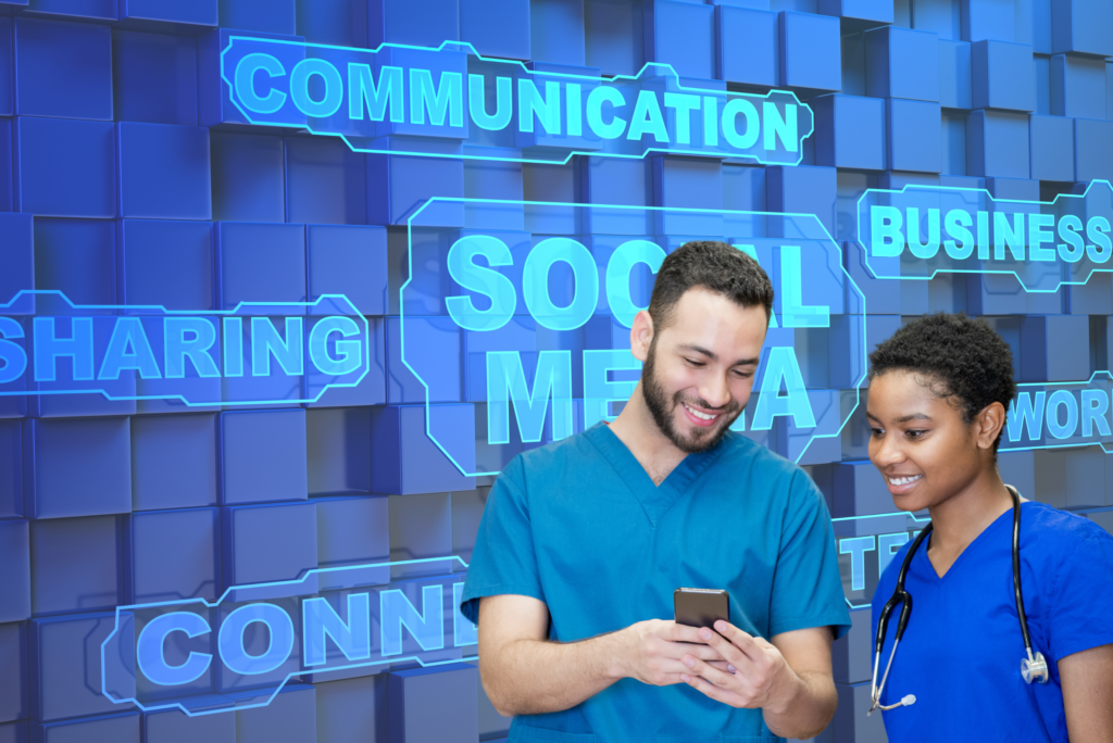 male and female nurse looking at phone
