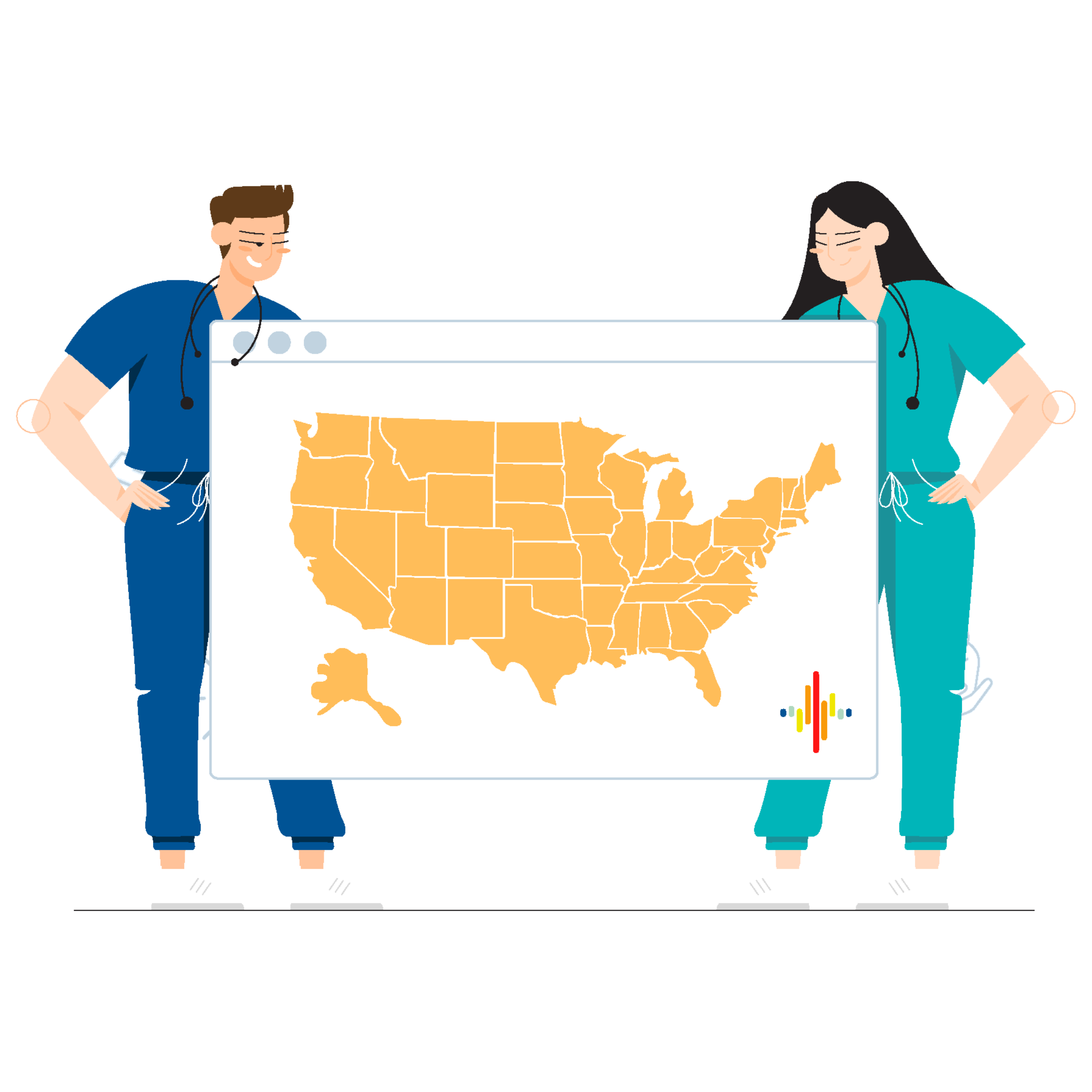 Two healthcare workers stand beside a large screen displaying a yellow map of the United States with a small colored bar chart in the corner.