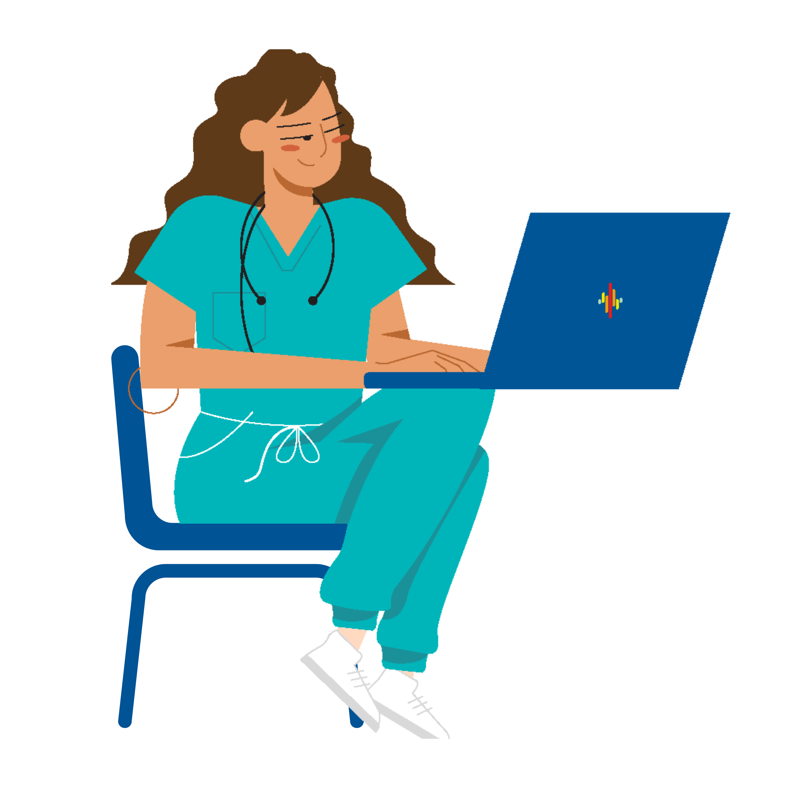 Illustration of a person in medical scrubs with a stethoscope, sitting on a chair and using a laptop.