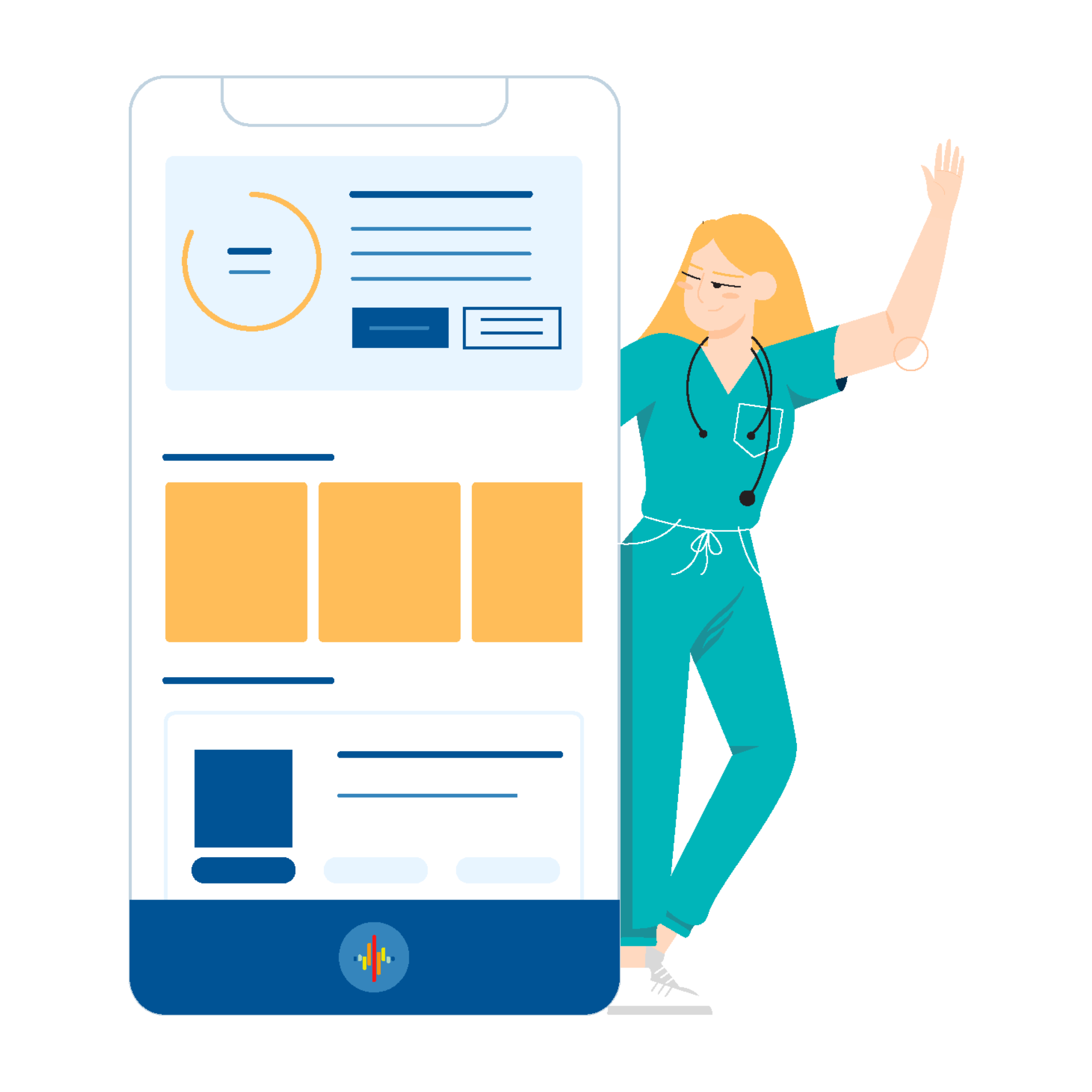 A female healthcare professional in scrubs stands beside a large smartphone displaying a medical app interface.
