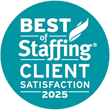 A teal circular badge with the text Best of Staffing Client Satisfaction 2025 in white—perfect for a leading Travel Nurse Staffing Agency.