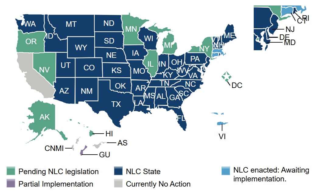 U.S. map showing states’ status on Nurse Licensure Compact (NLC): most states enacted, some pending or partially implemented, a few with no action. Color-coded legend included.
