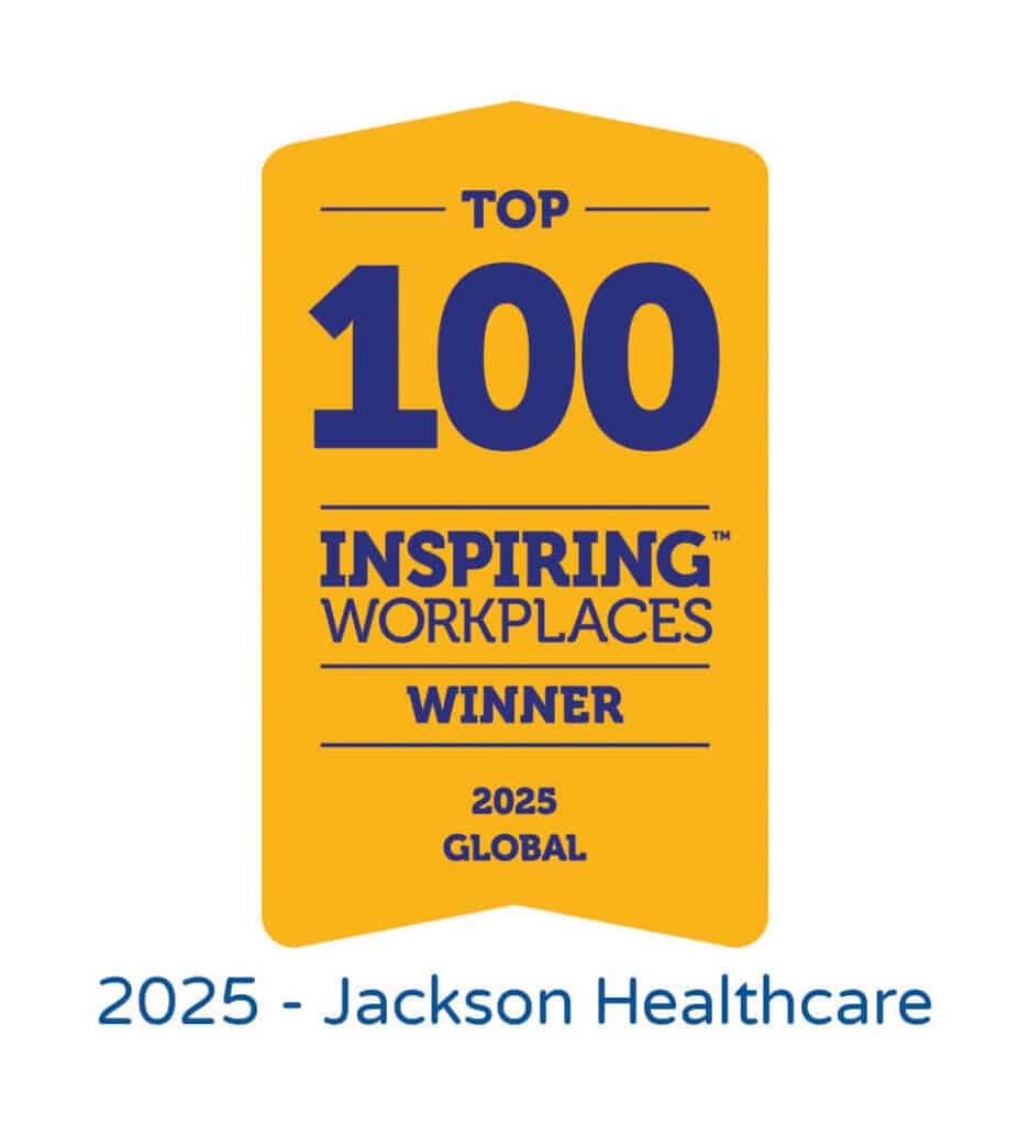 Global-Top-100-Inspiring-Workplaces Yellow badge stating Top 100 Inspiring Workplaces Winner 2025 Global with text below reading 2025 - Jackson Healthcare.