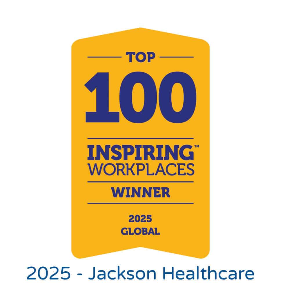 Global-Top-100-Inspiring-Workplaces Yellow badge stating Top 100 Inspiring Workplaces Winner 2025 Global with text below reading 2025 - Jackson Healthcare.