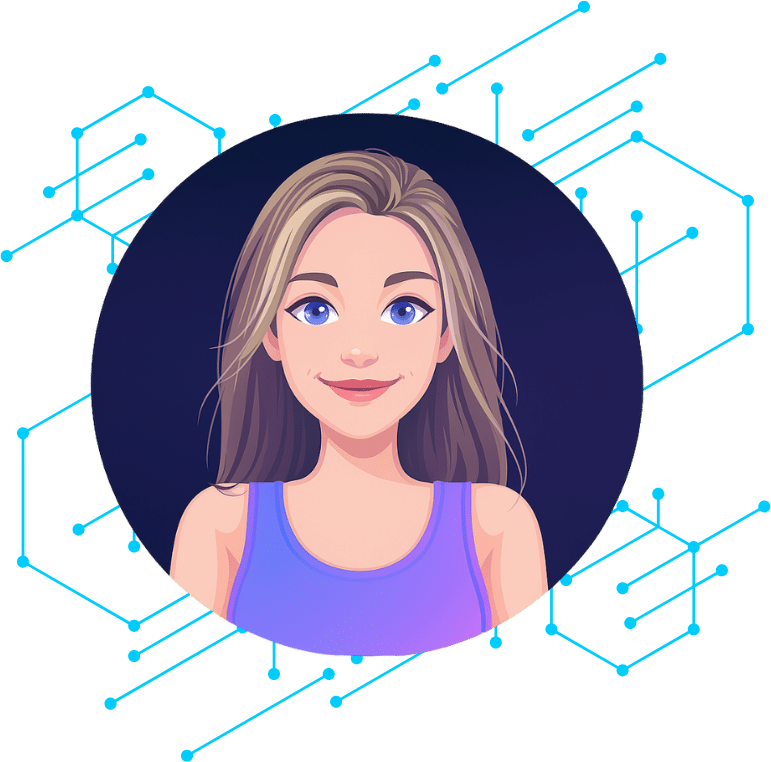 Illustration of a smiling woman with long brown hair and blue eyes, wearing a purple top, with a geometric blue network pattern in the background.