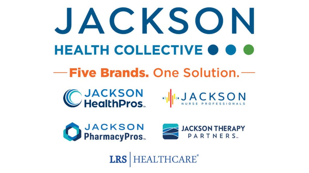 Logos of Jackson Health Collective brands, leaders in Travel Nurse Staffing Client Solutions. Text reads “Five Brands. One Solution.”.