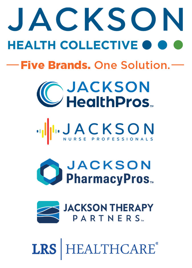 Logos of Jackson Health Collective and its five brands, showcasing Travel Nurse Staffing Client Solutions for Jackson HealthPros, Nurse Professionals, PharmacyPros, Therapy Partners, and LRS Healthcare.