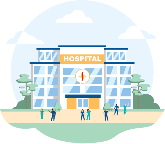 Illustration of a modern hospital building with large windows, trees, and several people—including travel nurse jobs staff and visitors—standing outside.