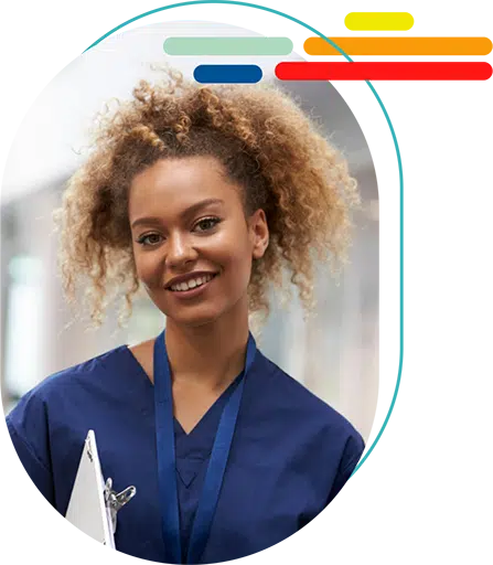 A nurse in blue medical scrubs holds a clipboard and smiles at the camera. Colorful graphic lines appear in the top right corner of the image.
