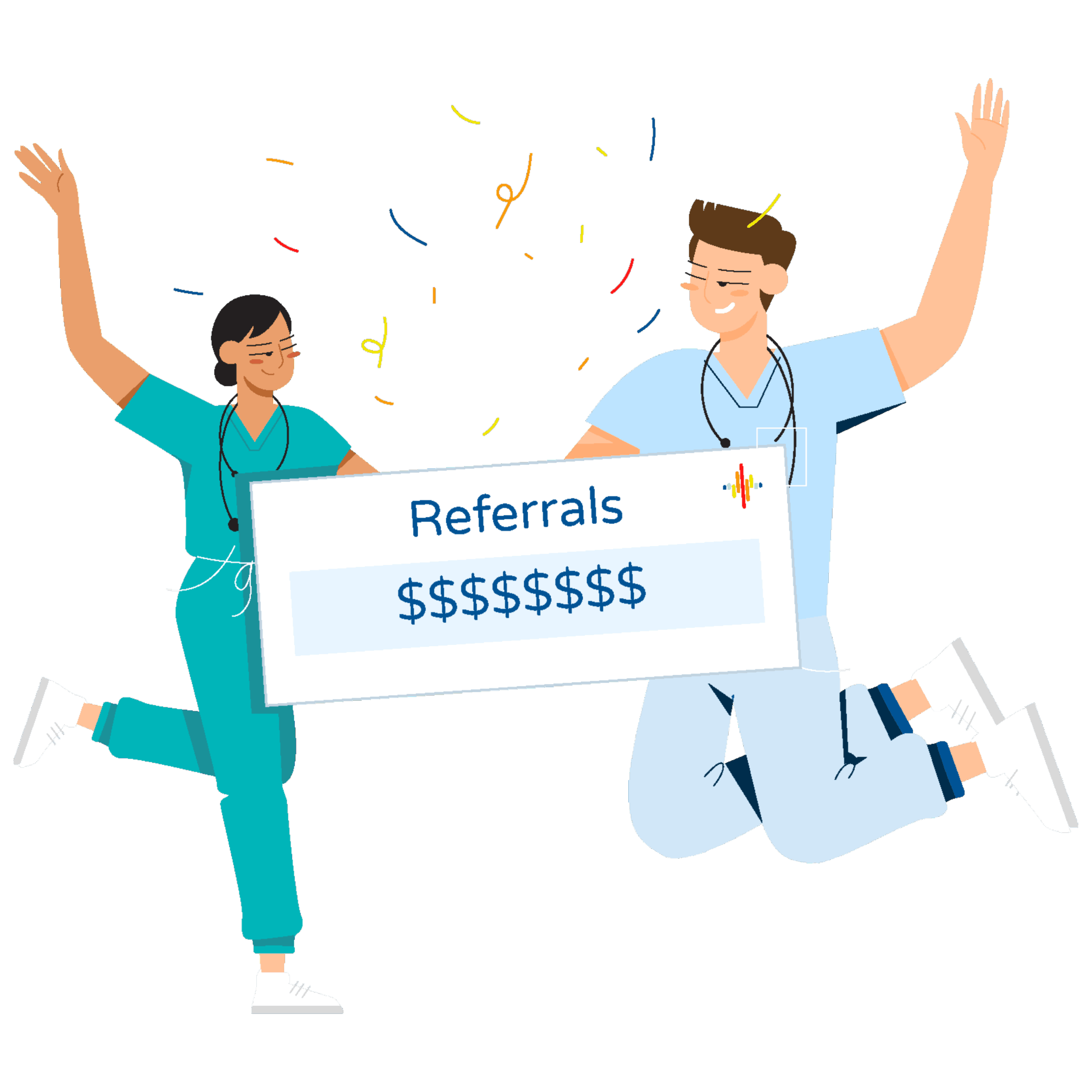 Illustration of two healthcare workers in scrubs jump and smile, holding a sign that says “Referrals $$$$$$$$,” celebrating the travel nurse referral program amid confetti.