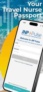 A smartphone screen displays the JNP Pulse travel nurse app login page for Jackson Nurse Professionals, overlaid on a beach background with the text Your Travel Nurse Passport.