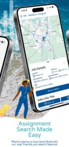 A smartphone displays a travel nurse app showing RN positions in Albany, NY, with job details and a map; an illustrated nurse walks below the phone image.
