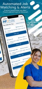 Mobile app interface displaying travel nurse job listings, with a smiling nurse in blue scrubs in the foreground and a beach background—perfect for the travel nurse app experience.