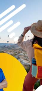 A person with a backpack and hat gazes at hot air balloons over rocky terrain, featuring graphic elements and a travel nurse app icon in the corner.