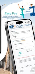 A smartphone shows a timecard submission screen on a travel nurse app, while two illustrated nurses celebrate getting paid easily online in the top right corner.