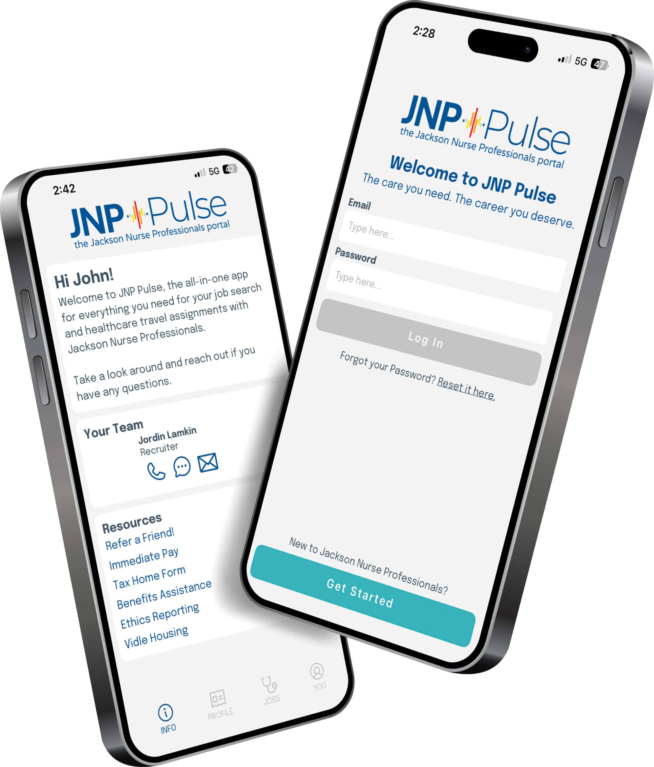 Two smartphones display the JNP Pulse app, featuring a welcome screen and dashboard with resources to help you find top travel nurse jobs at Jackson Nurse Professionals.