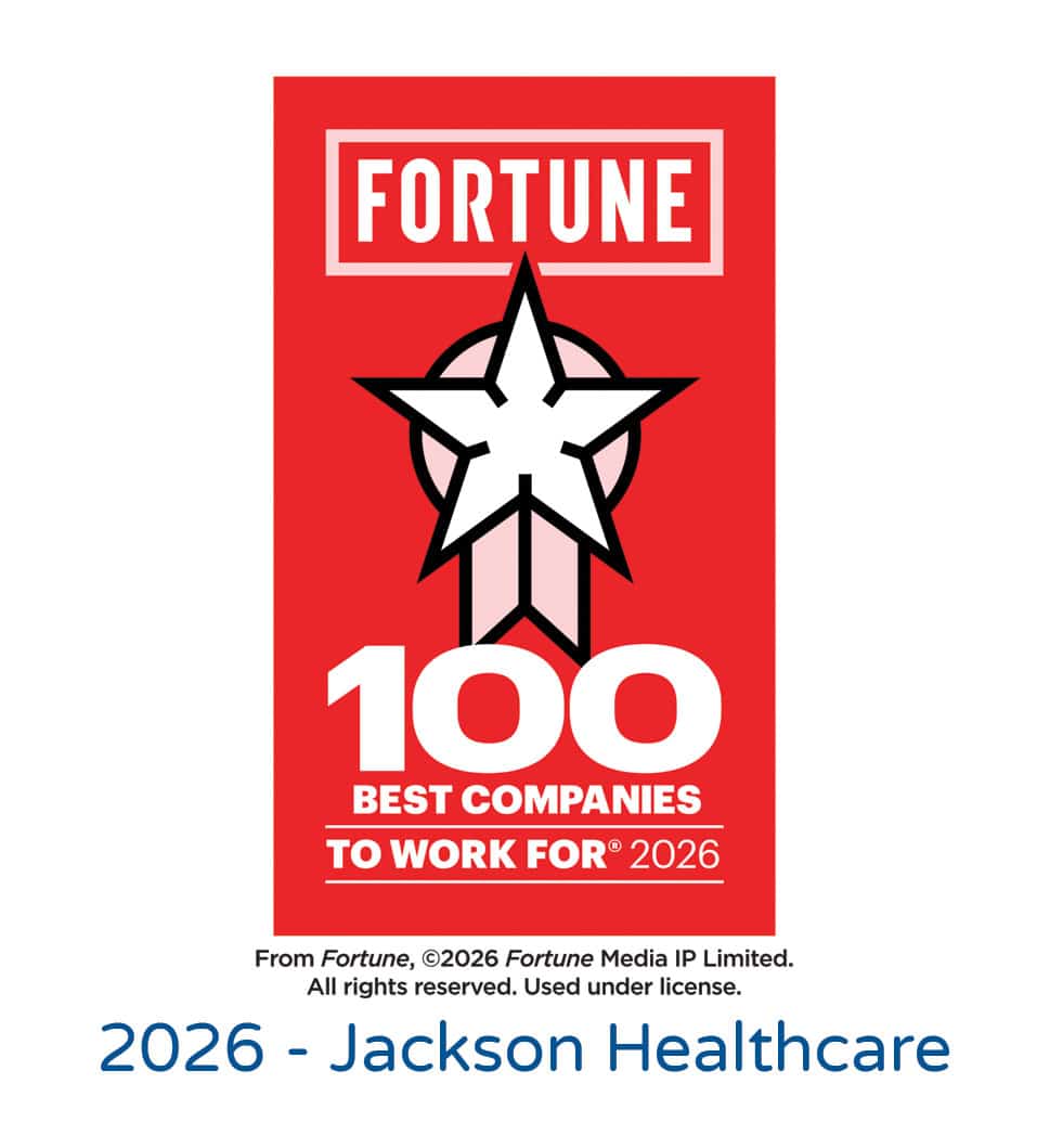 Fortune-100-Best-Companies-To-Work-For-2025. A red Fortune 100 Best Companies to Work For 2026 badge with a white star and bold text, highlighting Jackson Healthcare and its top-rated healthcare staffing careers.