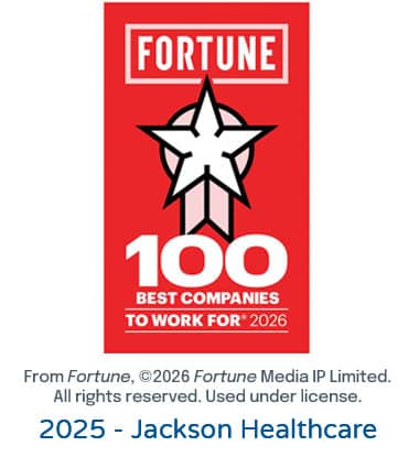 Top 100 Inspiring Workplaces Winner 2025 North America award A red Fortune 100 Best Companies to Work For 2026 badge with a white star and bold text, highlighting Jackson Healthcare and its top-rated healthcare staffing careers.