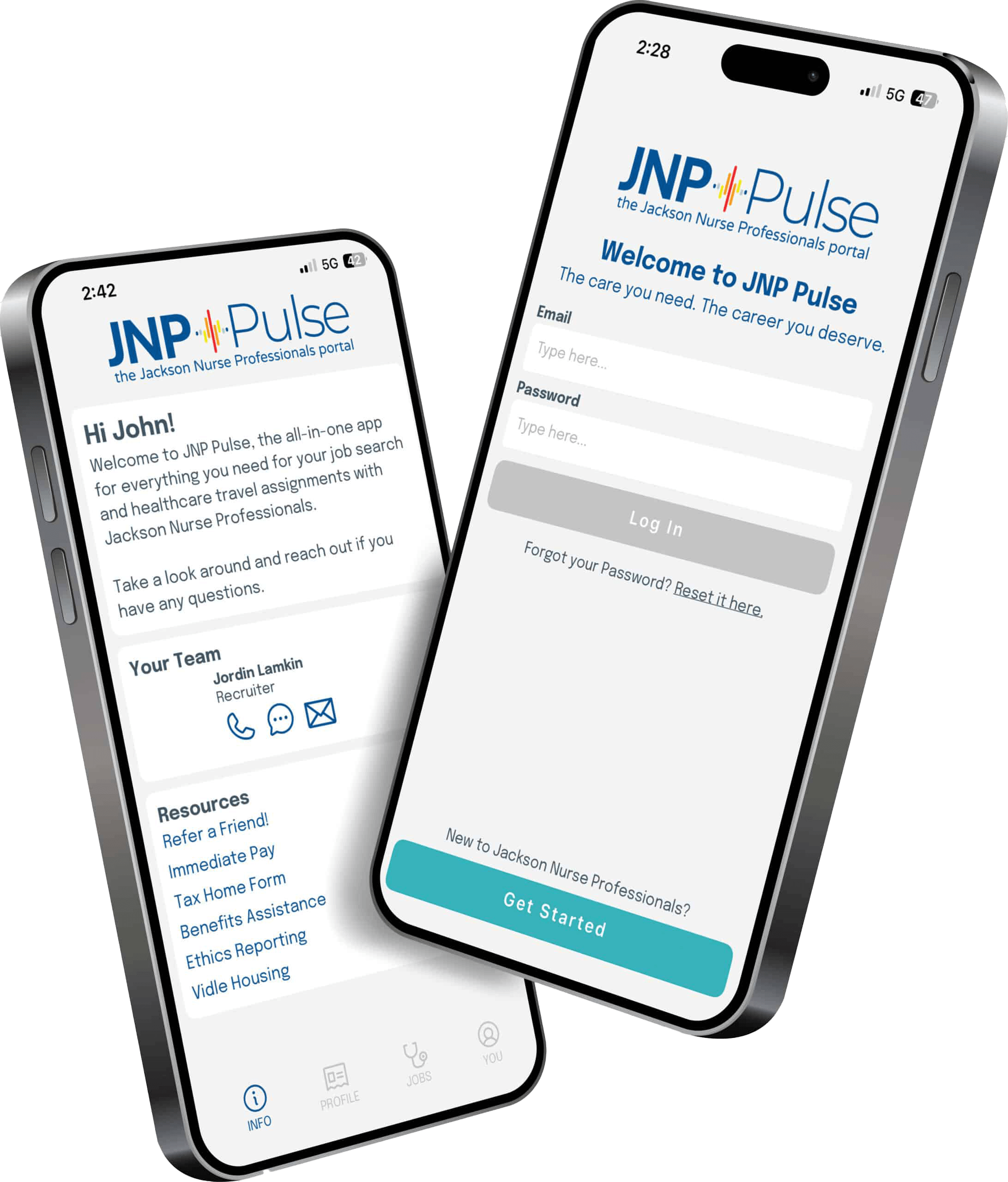 Two smart phones display the JNP Pulse app, featuring a welcome screen and dashboard with resources to help you find top travel nurse jobs at Jackson Nurse Professionals.