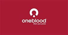 OneBlood logo featuring a white drop of blood icon and the words oneblood Share your power. on a solid red background, symbolizing giving back and community impact.
