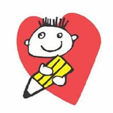 Cartoon child with spiky hair holding a yellow pencil, smiling, with a red heart in the background, symbolizing giving back and community impact.