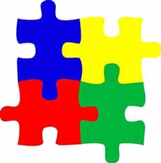 Four interlocking jigsaw puzzle pieces—blue, yellow, red, and green—symbolize Giving Back and Community Impact, arranged together in a square formation.