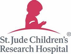 Logo of St. Jude Children’s Research Hospital featuring the silhouette of a child with hands held together above the hospital name in gray text, symbolizing giving back and community impact.