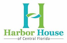 Logo for Harbor House of Central Florida, featuring a large stylized H in green and blue, reflecting giving back and community impact, with the organization's name below in matching colors.